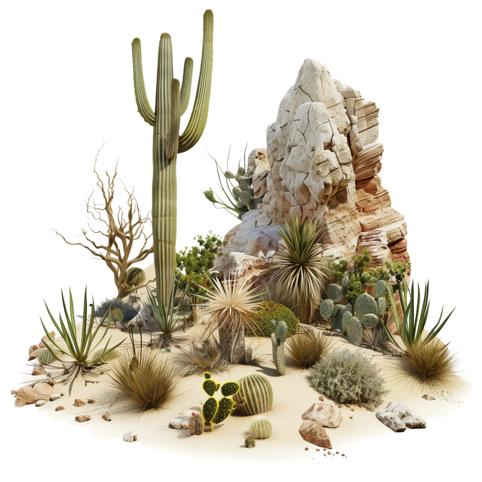 A barren African desert scene featuring tumbleweeds, various cactuses, and rocky outcrops isolated on a transparent background png