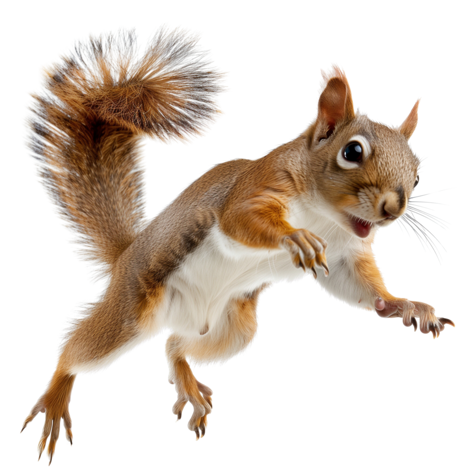 A squirrel in mid-leap, isolated on a transparent background png
