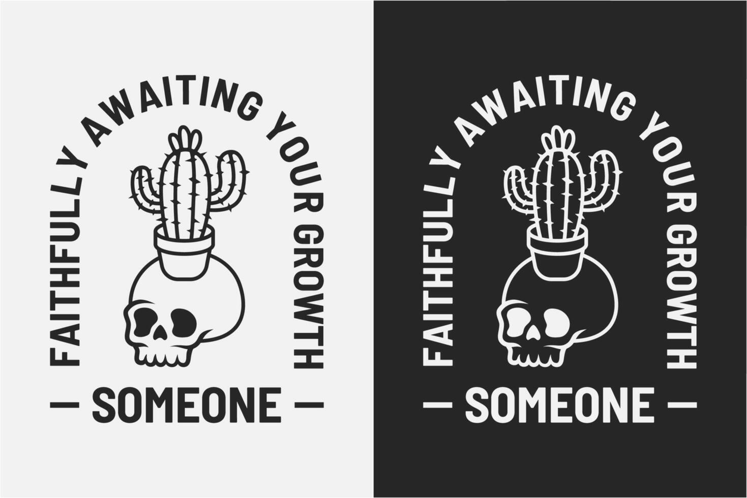 Faithfully awaiting your growth text. Cute illustration of a skull waiting for cactus to grow. vector