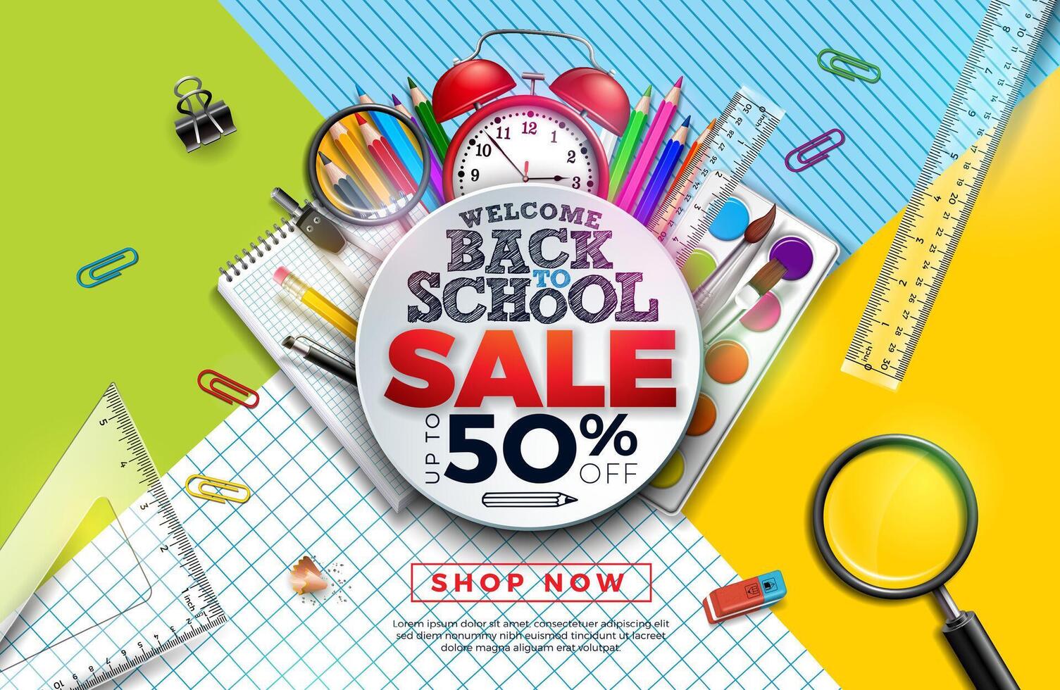 Back to School Sale Design with Colorful Pencil, Alarm Clock, Brush and other Learning Items on Abstract Background. Illustration with Special Offer Typography Elements for Coupon, Voucher vector