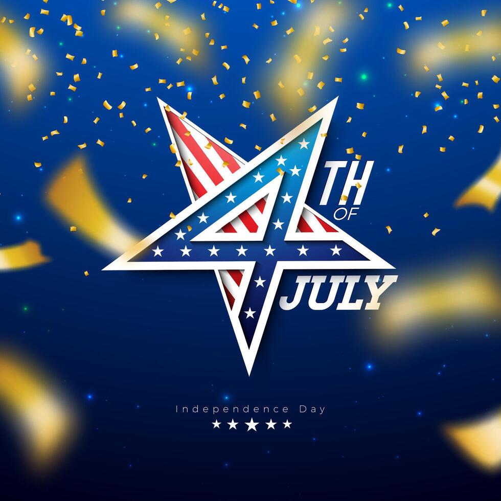 4th of July Independence Day of the USA Illustration with American Flag in Typography Letter, Gold Star and Falling Confetti on Blue Background. Fourth of July National Celebration Design for vector