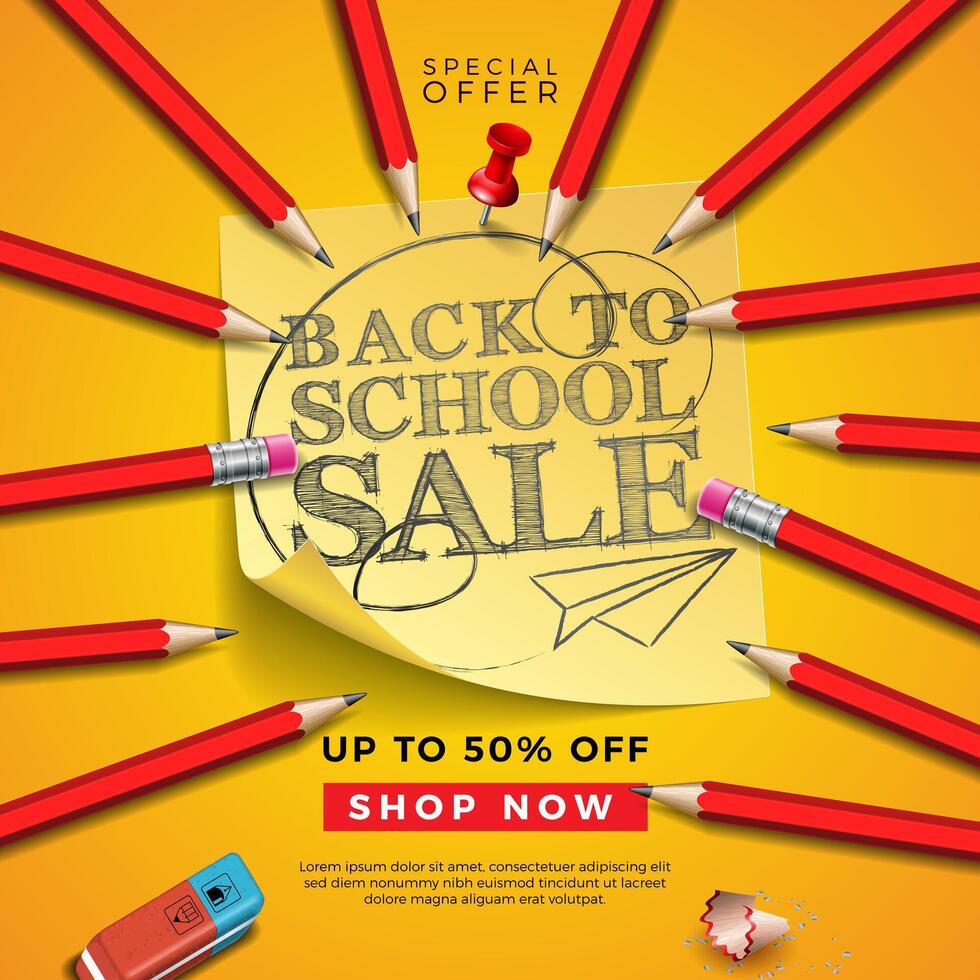 Back to School Sale Design with Graphite Pencil, Eraser and Sticky Notes on Yellow Background. Illustration with Special Offer Typography Elements for Coupon, Voucher, Banner, Flyer, Poster vector