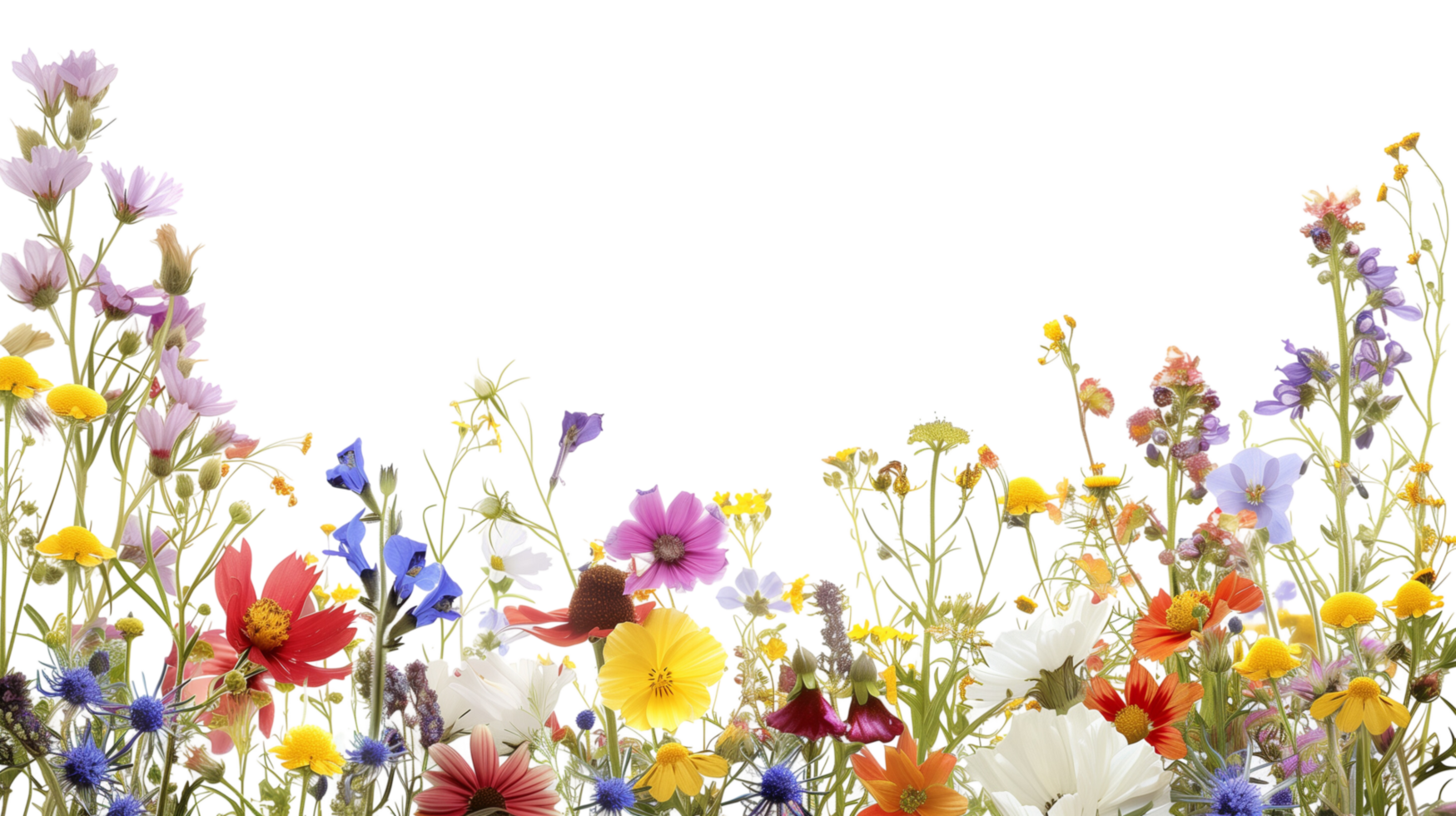 A bouquet of vibrant wildflowers forming a delicate border frame in the foreground, isolated on a transparent background png
