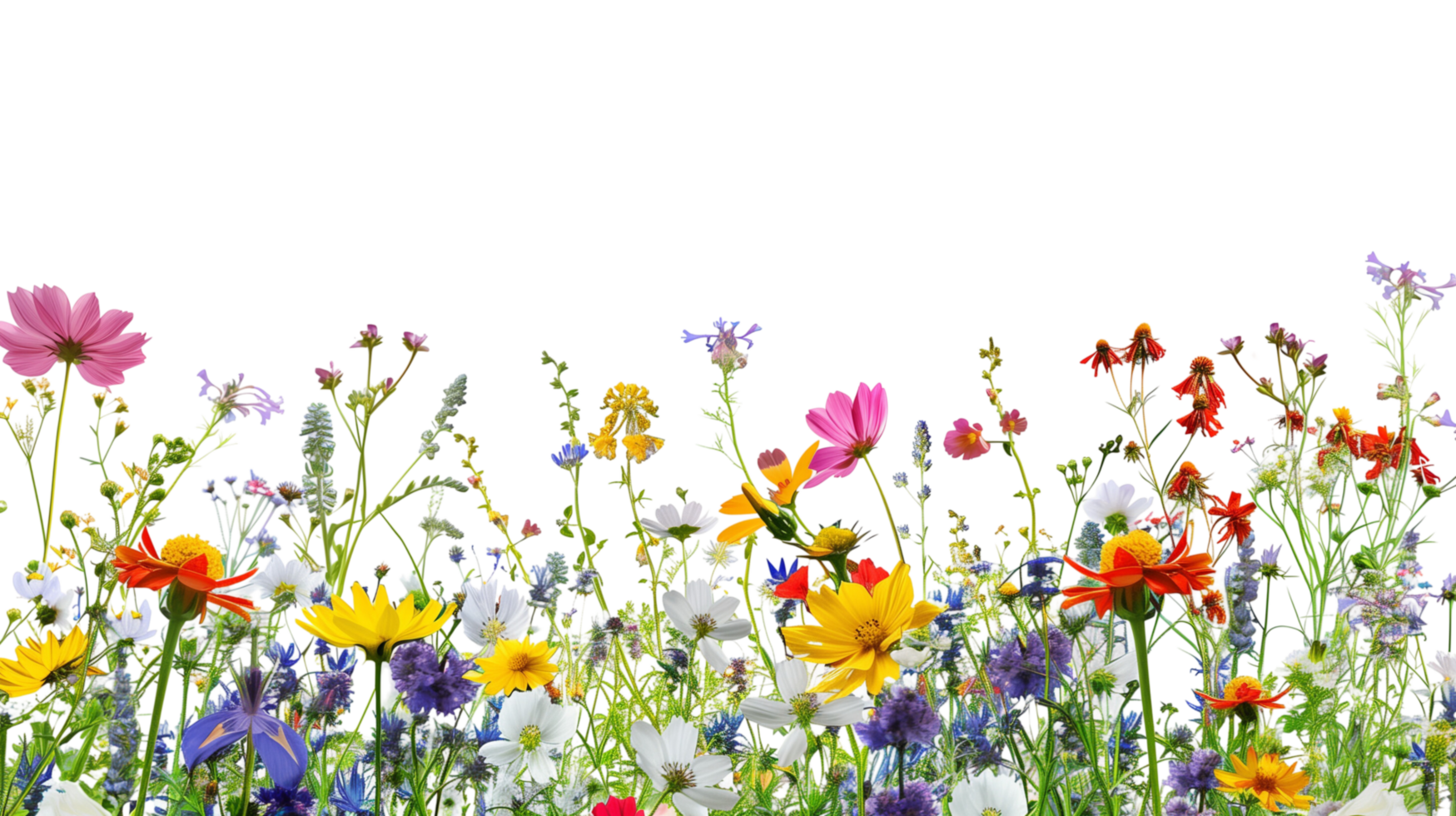A bouquet of vibrant wildflowers forming a delicate border frame in the foreground, isolated on a transparent background png