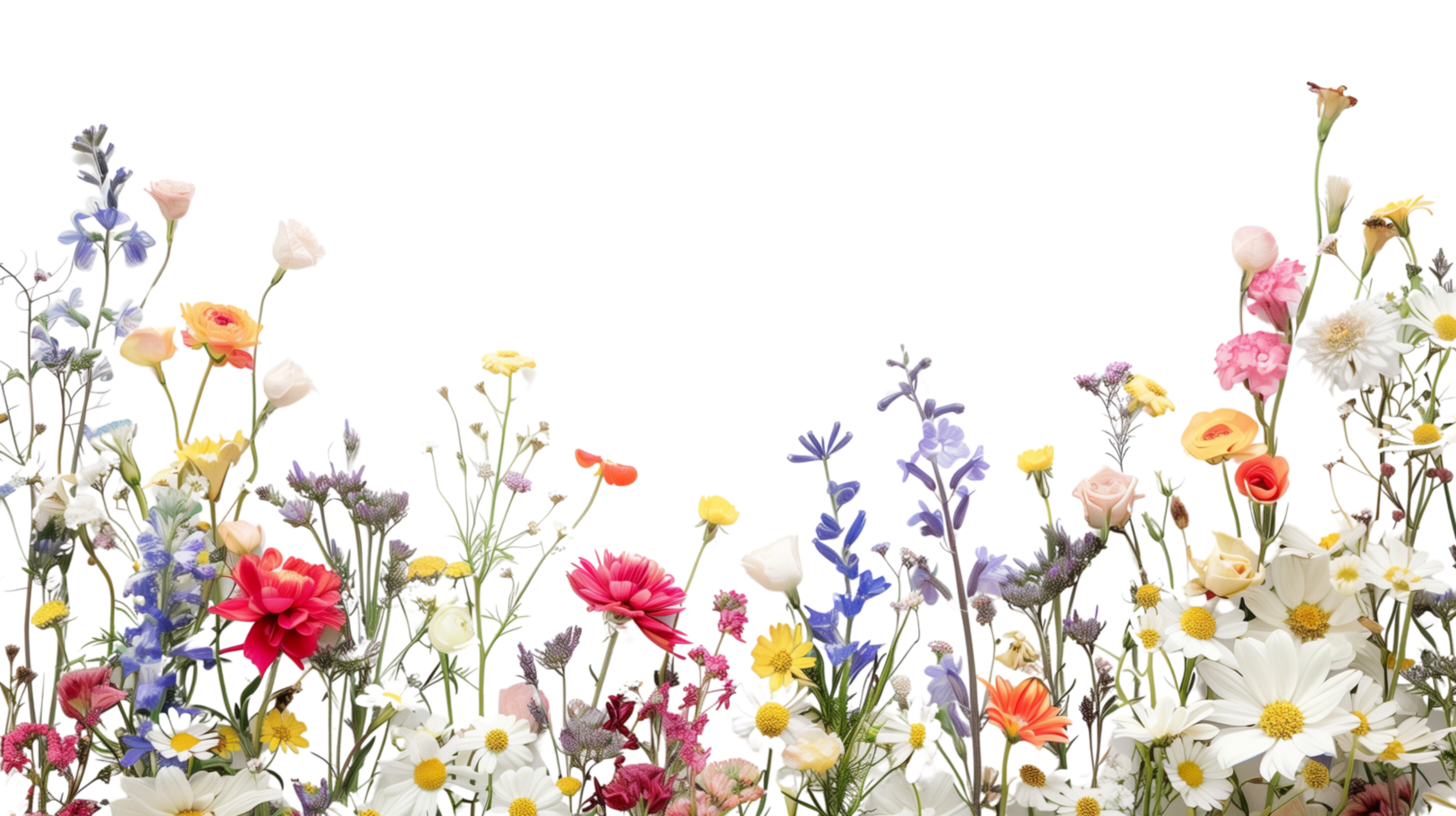 A bouquet of vibrant wildflowers forming a delicate border frame in the foreground, isolated on a transparent background png