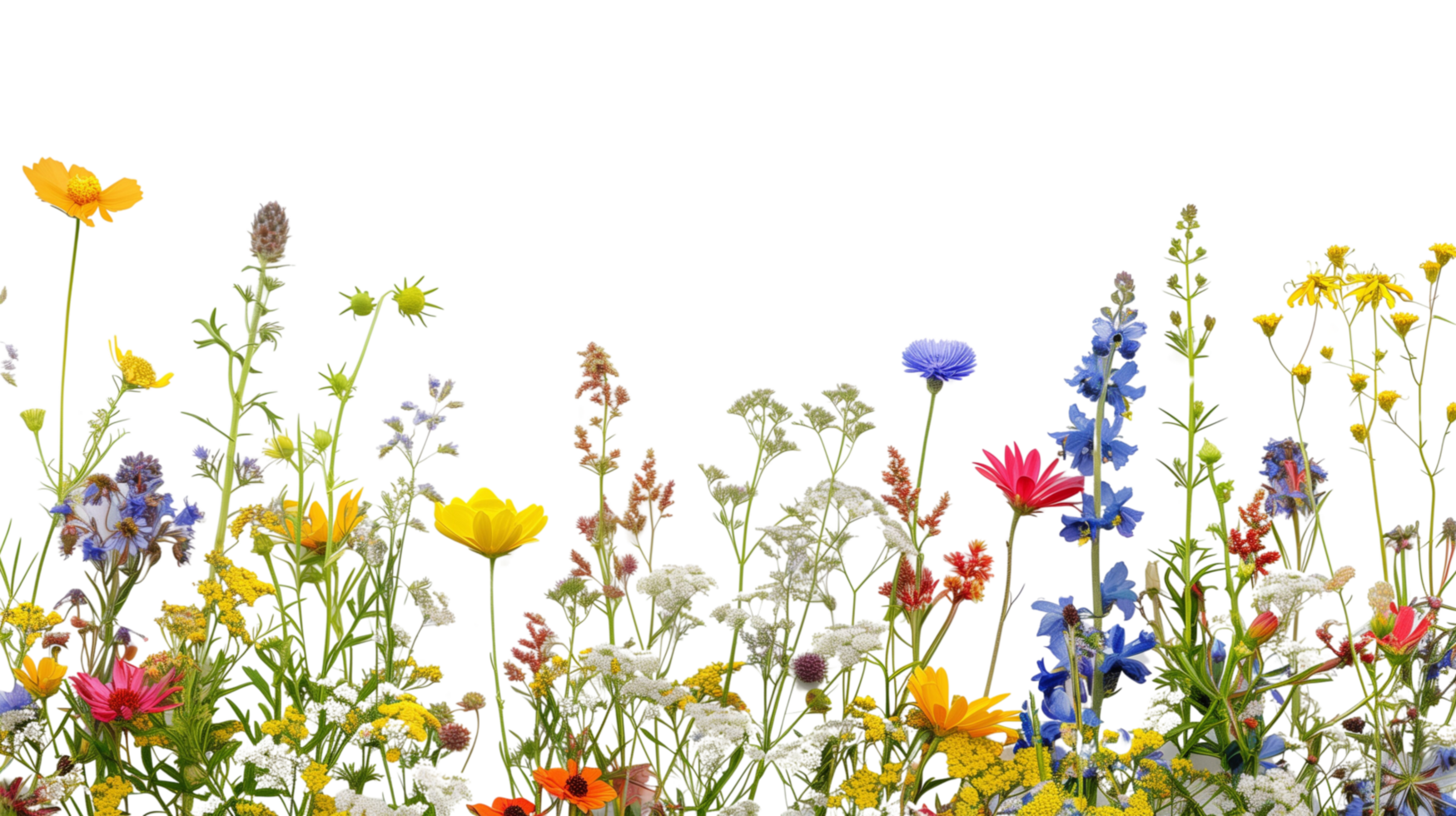 A bouquet of vibrant wildflowers forming a delicate border frame in the foreground, isolated on a transparent background png