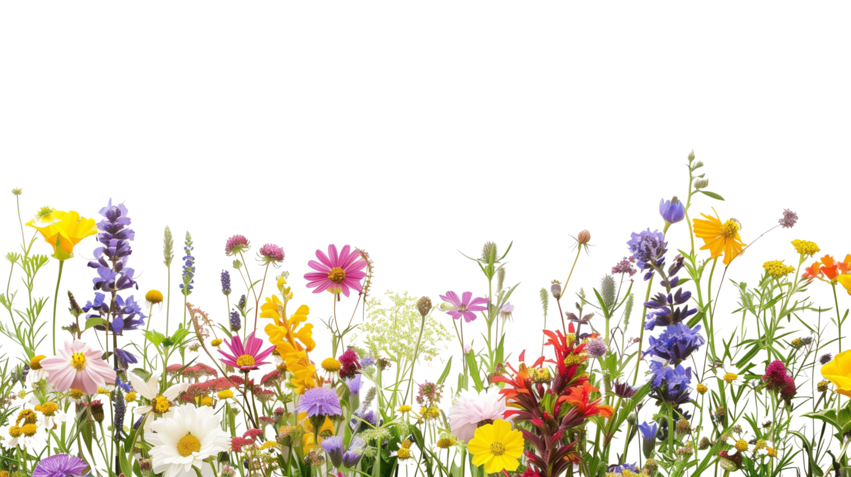 A bouquet of vibrant wildflowers forming a delicate border frame in the foreground, isolated on a transparent background png