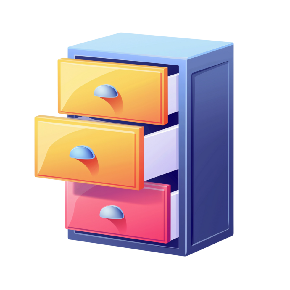 A colorful filing cabinet icon with an open drawer isolated on a transparent background png