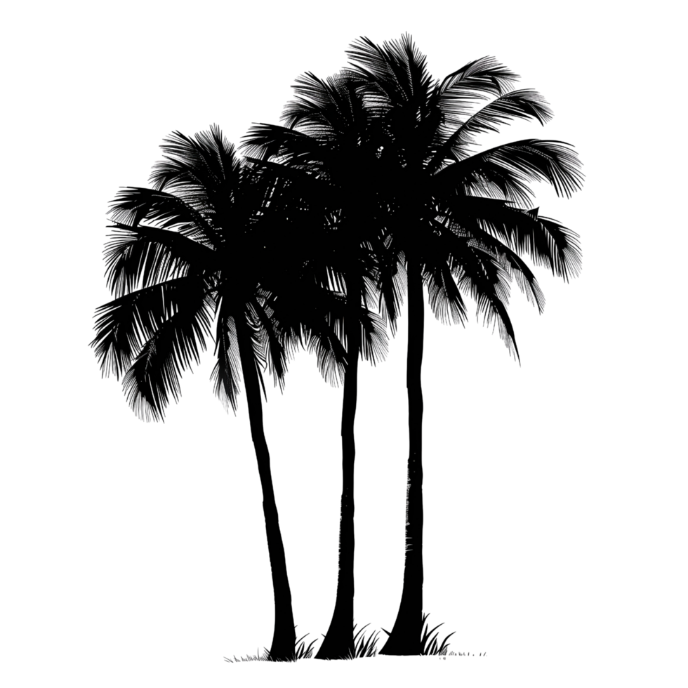 A silhouette of a palm tree with three trunks isolated on a transparent background png