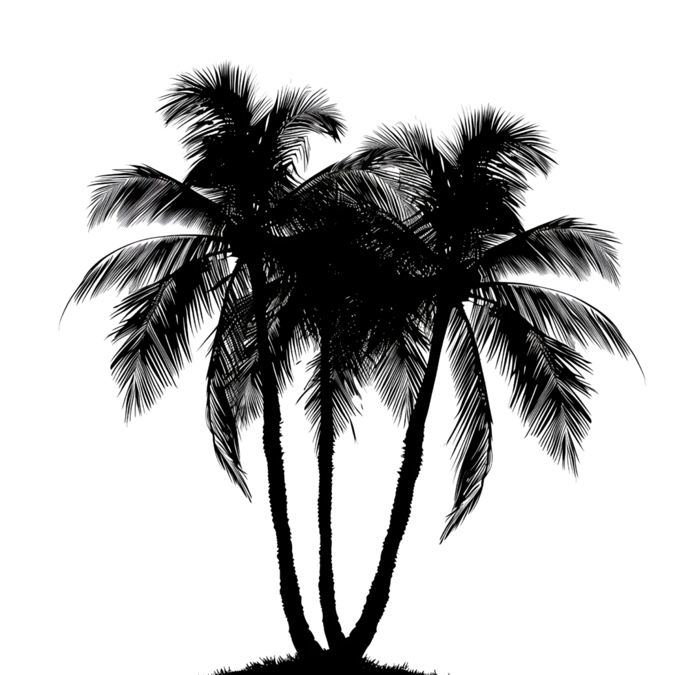 A silhouette of a palm tree with three trunks isolated on a transparent background png