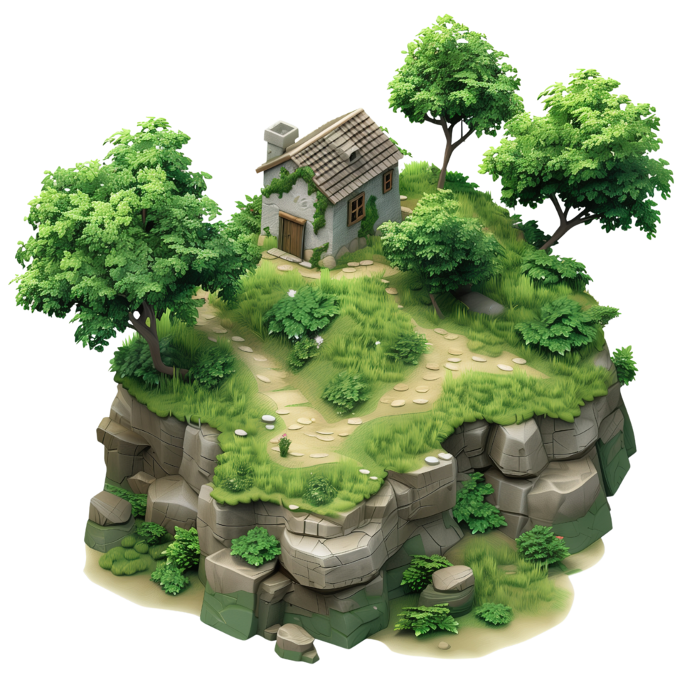 A hilly isometric game map featuring a dilapidated house at the center, surrounded by lush greenery and uneven terrain isolated on a transparent background png