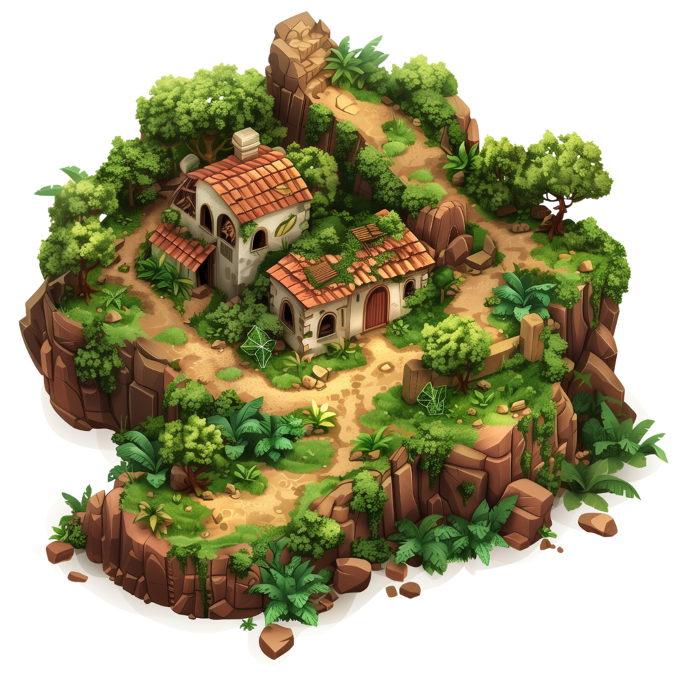 A hilly isometric game map featuring a dilapidated house at the center, surrounded by lush greenery and uneven terrain isolated on a transparent background png