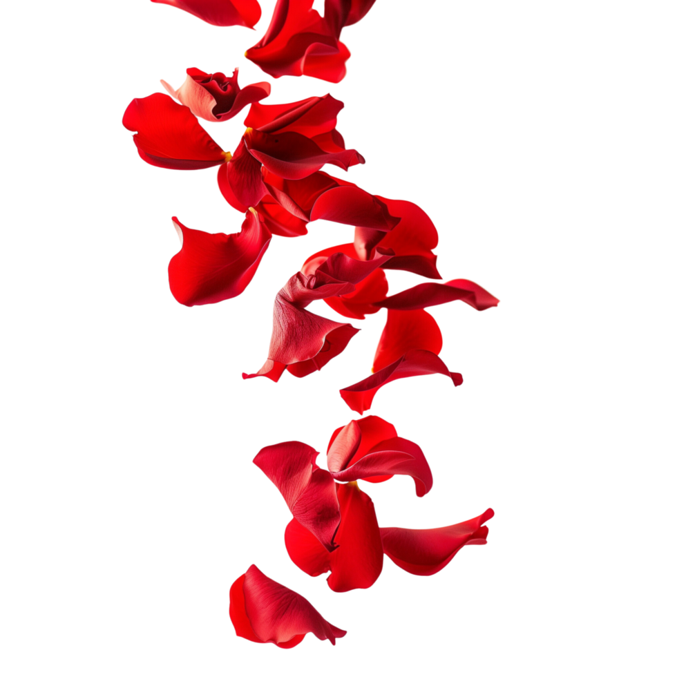 A vibrant red rose petals delicately floating in mid-air isolated on a transparent background png