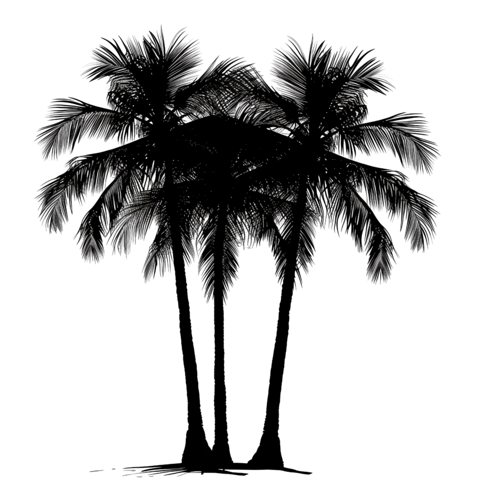 A silhouette of a palm tree with three trunks isolated on a transparent background png