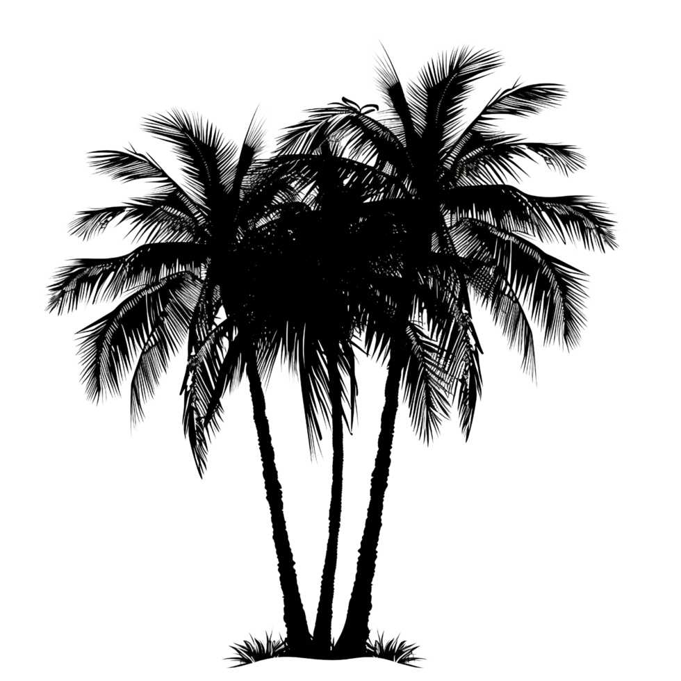 A silhouette of a palm tree with three trunks isolated on a transparent background png