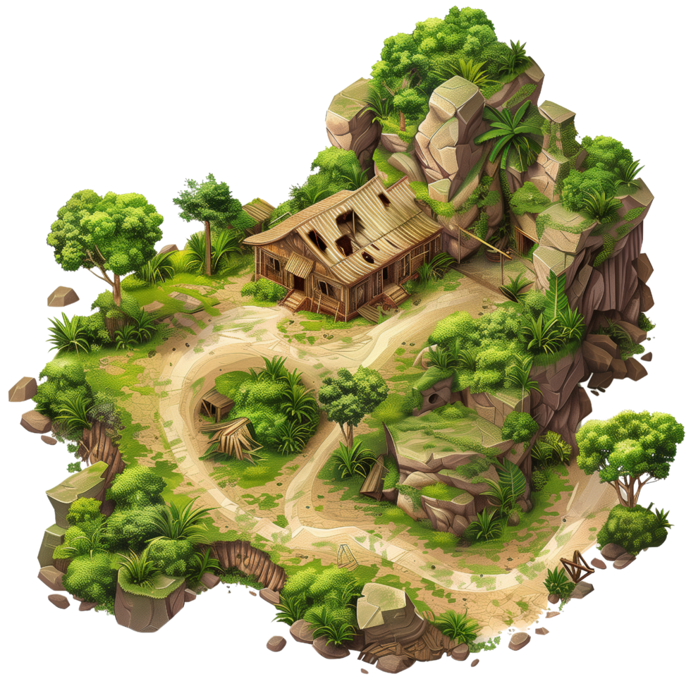 A hilly isometric game map featuring a dilapidated house at the center, surrounded by lush greenery and uneven terrain isolated on a transparent background png
