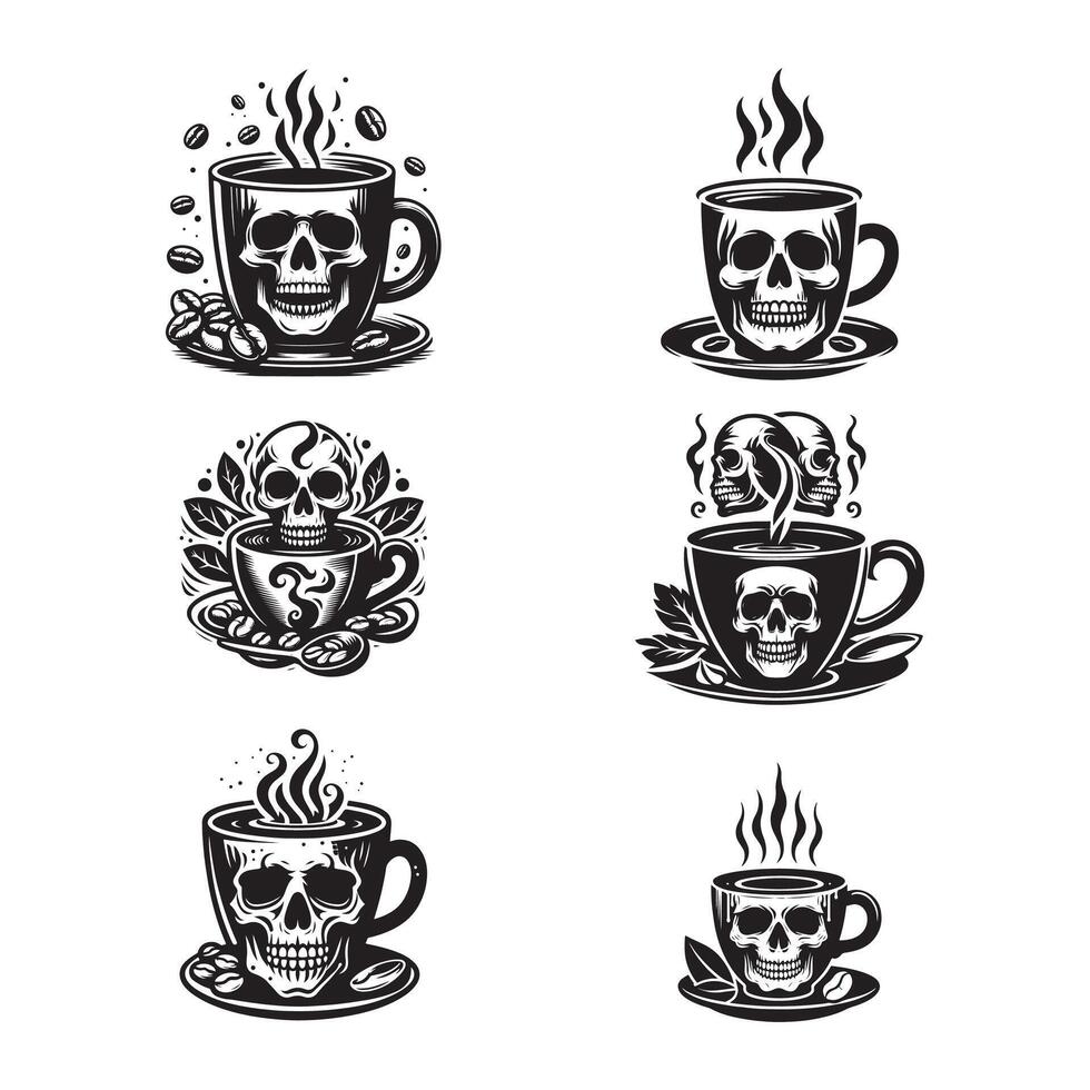 set of coffees cup with skull logo design template vector