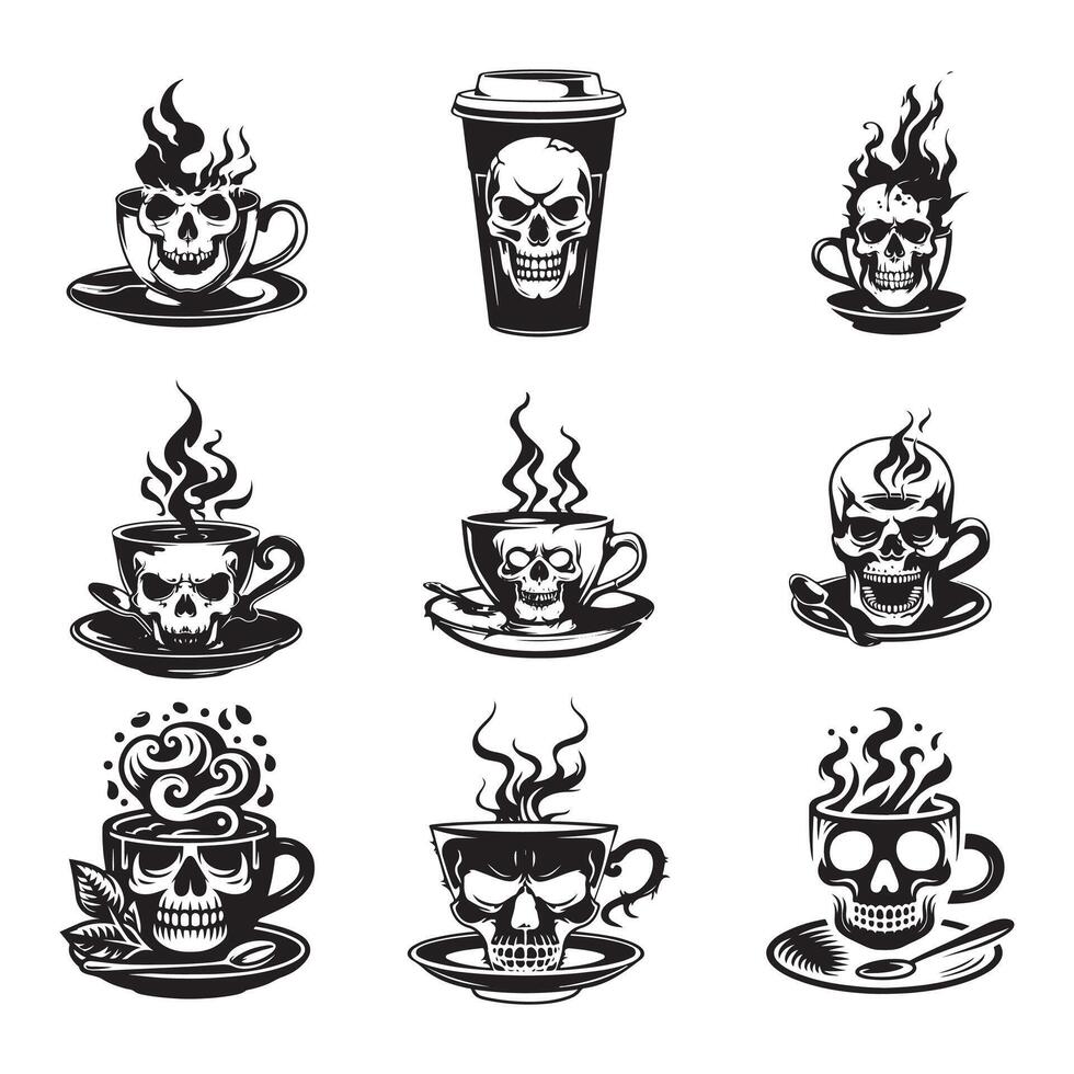 set of skulls with coffee logo design style vector