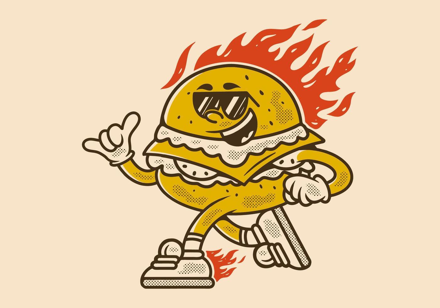Vintage mascot character illustration of running burger with fire flames vector