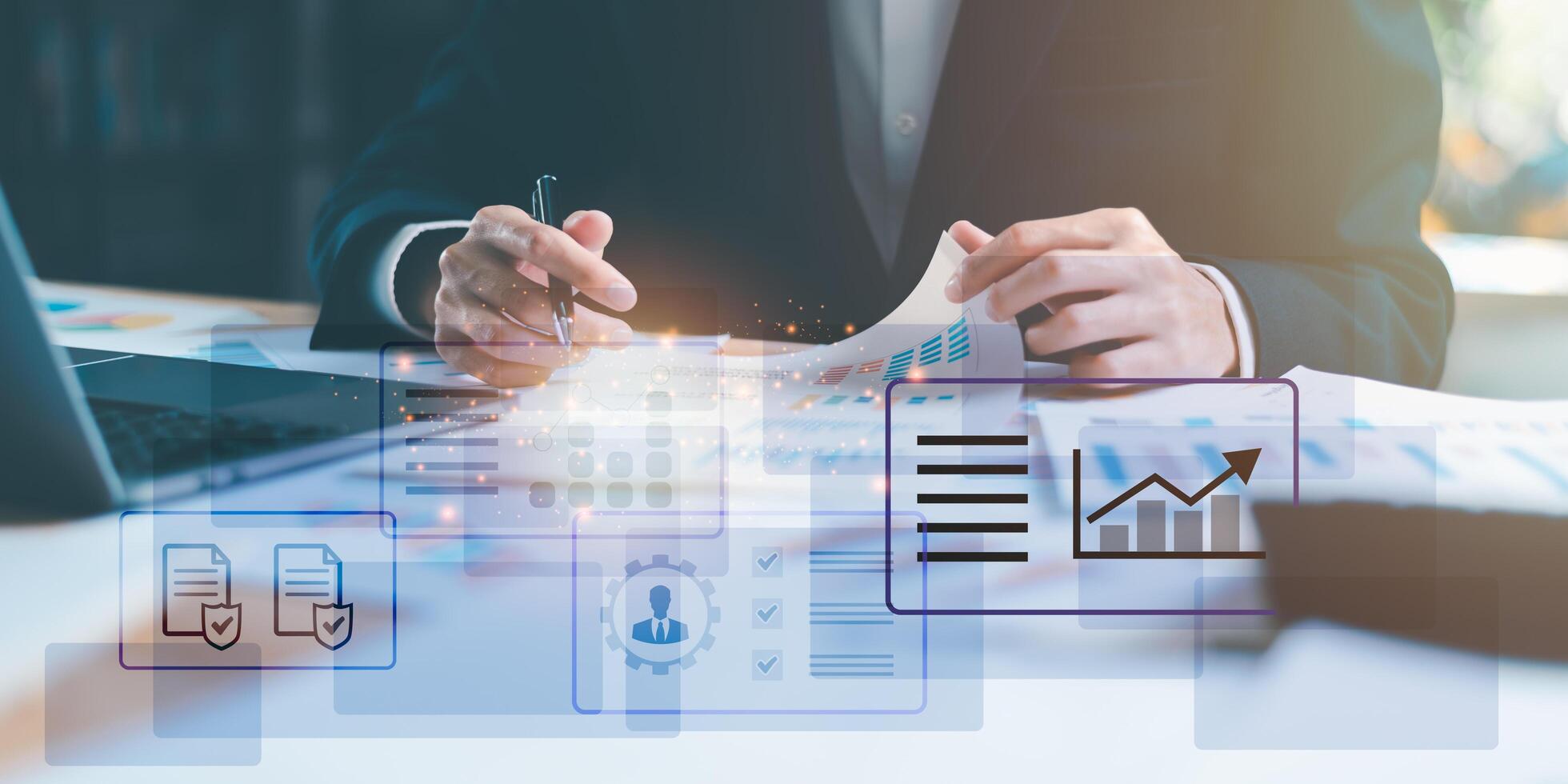business people read business statistics chart reports to analyze and improve corporate strategy ,Manage financial and marketing documents, Company growth information,Managing Business Insights photo