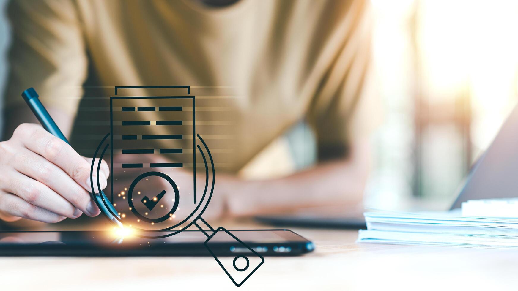 Accountant showing office document auditing concept ,plan review process and assess correctness ,Management of important document storage of organization ,document system ,accountant Audit documents photo