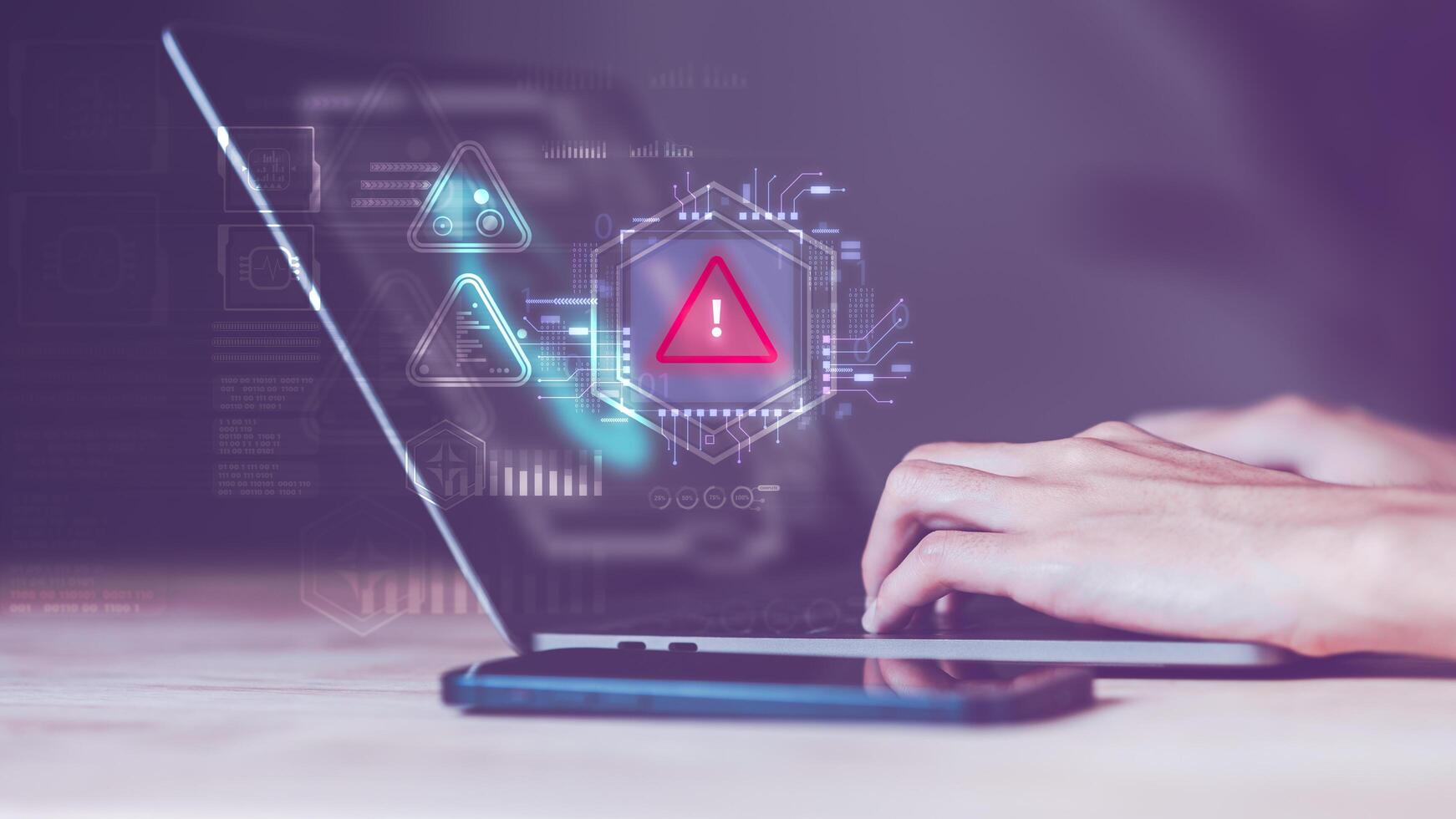 Programmer and virtual icons , exclamation mark ,alarm,computer virus detected ,danger warning concept or information error that should be urgently fixed and repaired ,Notification of security issues photo