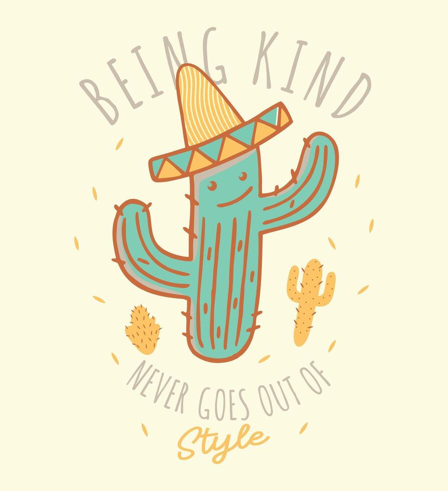 Illustration of cactus with sombrero. Art in children's cartoon style. Design for prints, decoration, crafts and etc... vector