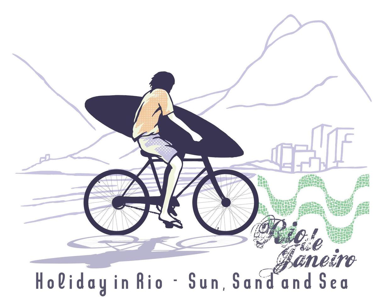 Illustration of a man riding a bicycle on the beach in Rio de Janeiro, Brazil. vector