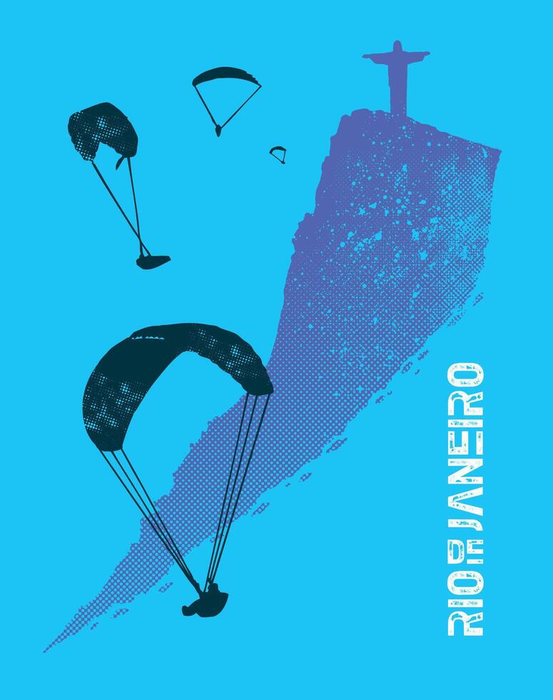 Illustration of paragliders silhouettes with the stylized Corcovado hill in the background. vector