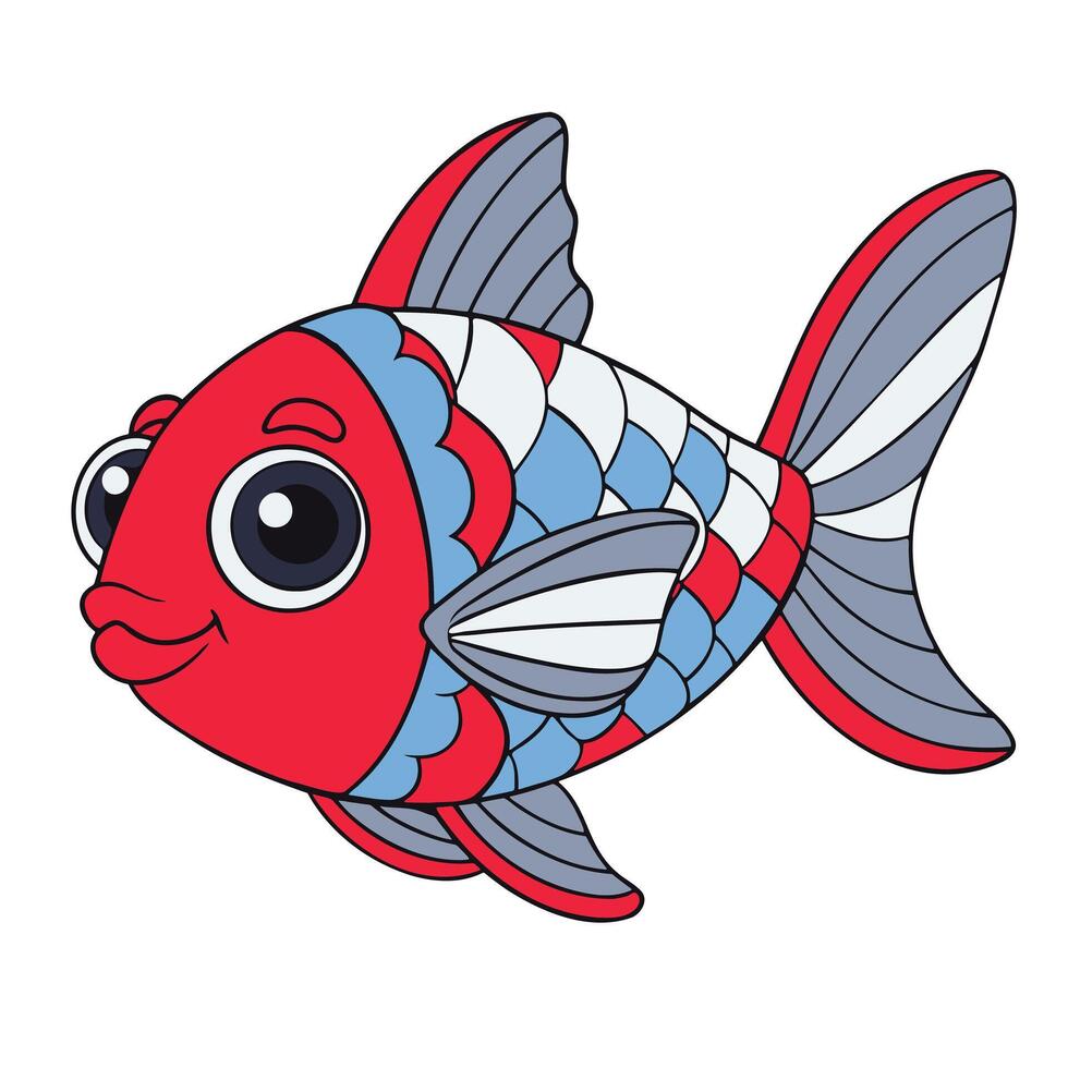 Cartoon Fish, red and blue bright color illustration isolated on white background. vector