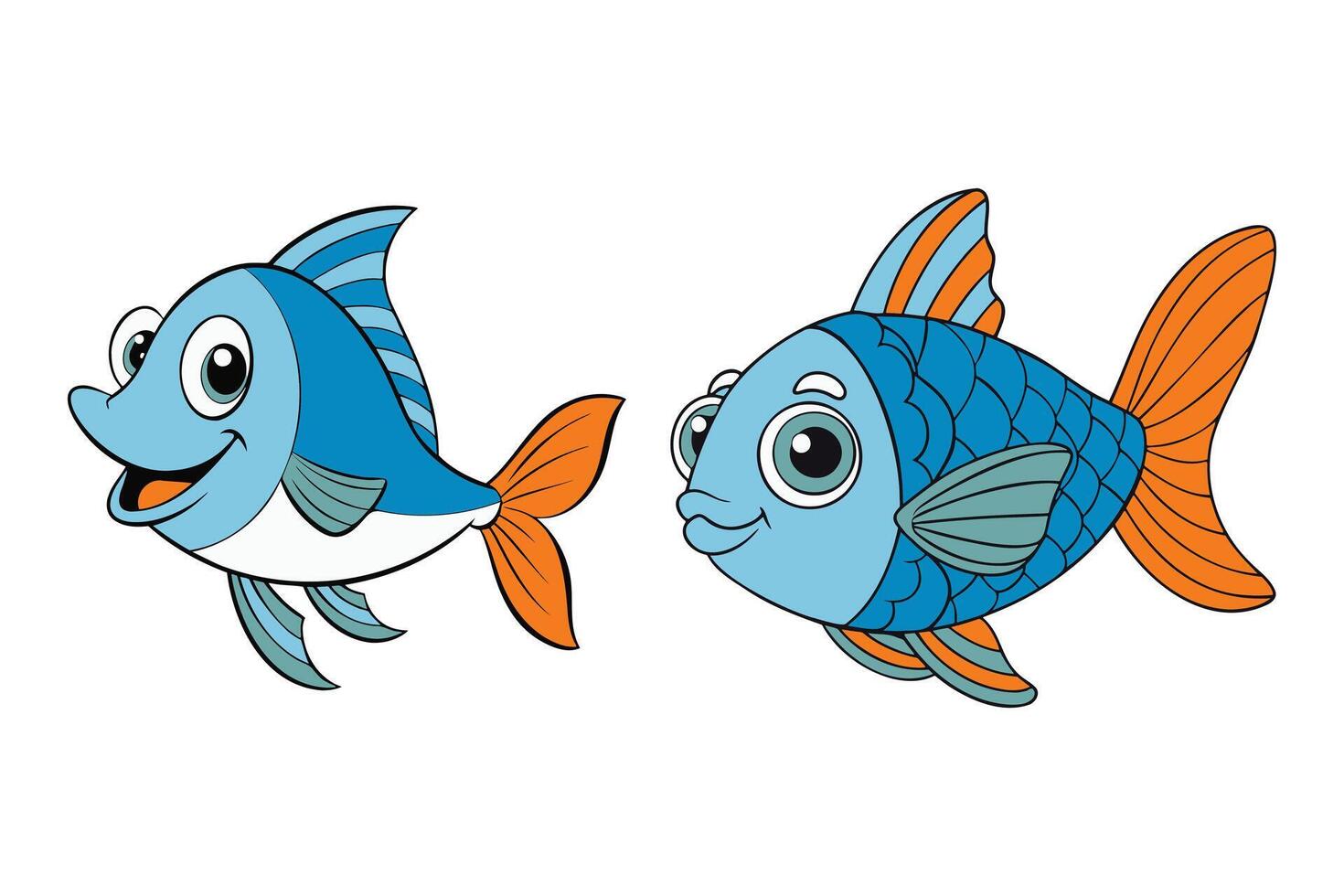 Fishes in childrens coloring style, illustration of two blue orange fishes isolated on white background. vector