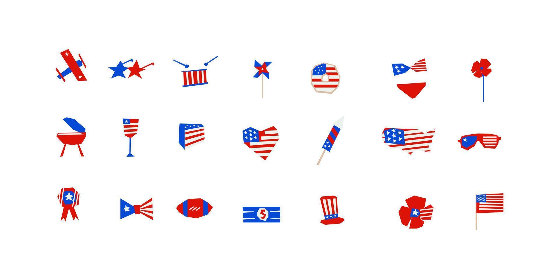 Collection of icons for Independence Day of USA 4th of July celebration. National Freedom Day in cutout style vector