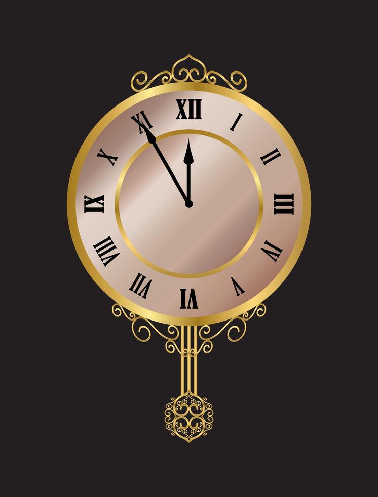 VINTAGE ELEGANT METALIC PINK ROSE GOLD CIRCLE WALL CLOCK WITH PENDULUM WITH ROMAN NUMERALS vector