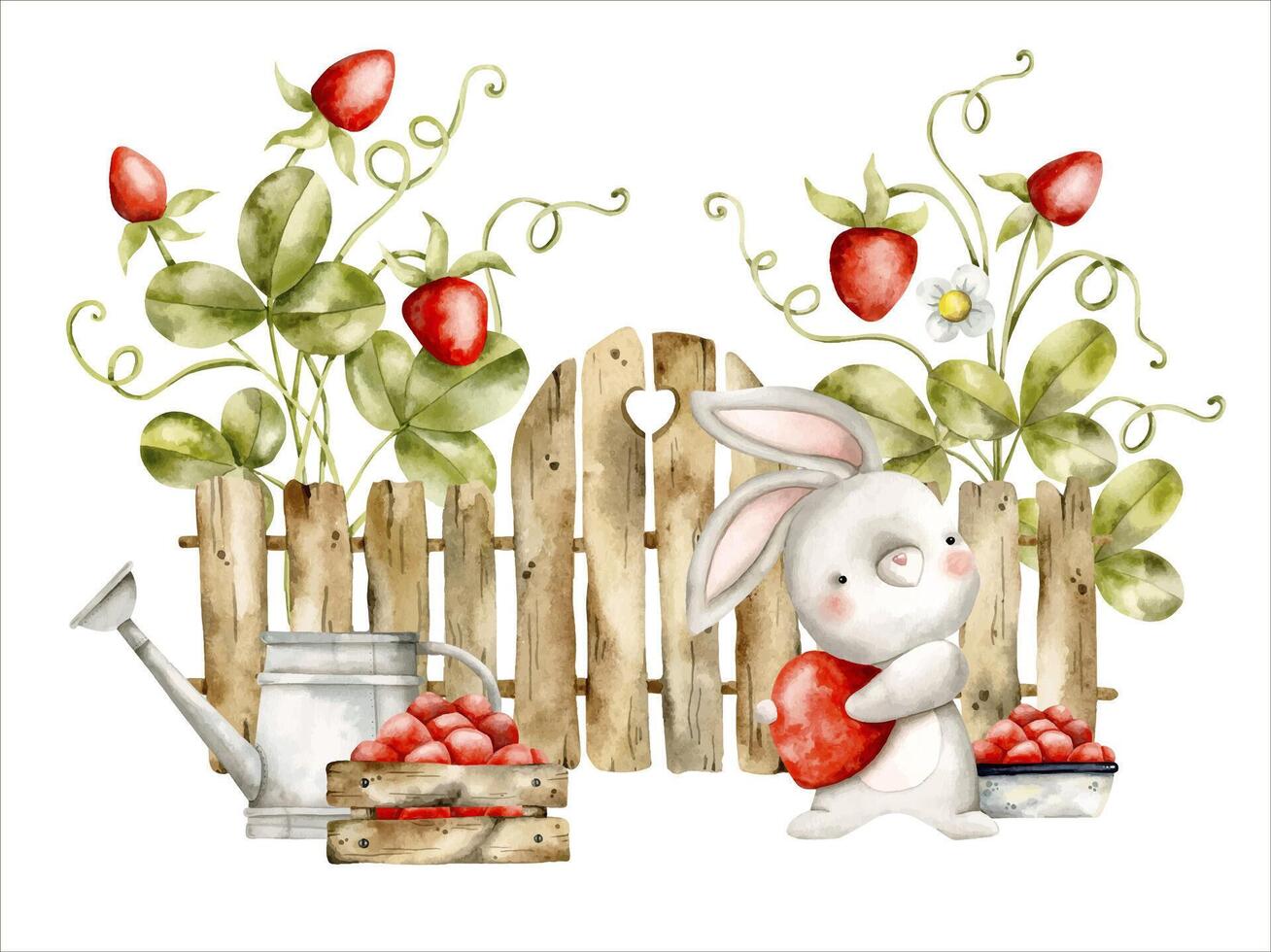 A cute funny little rabbit with big strawberry in its paws next to wooden fence, strawberry bushes, box of strawberries and watering can. Hand-drawn, watercolor berries illustration, in kids style vector