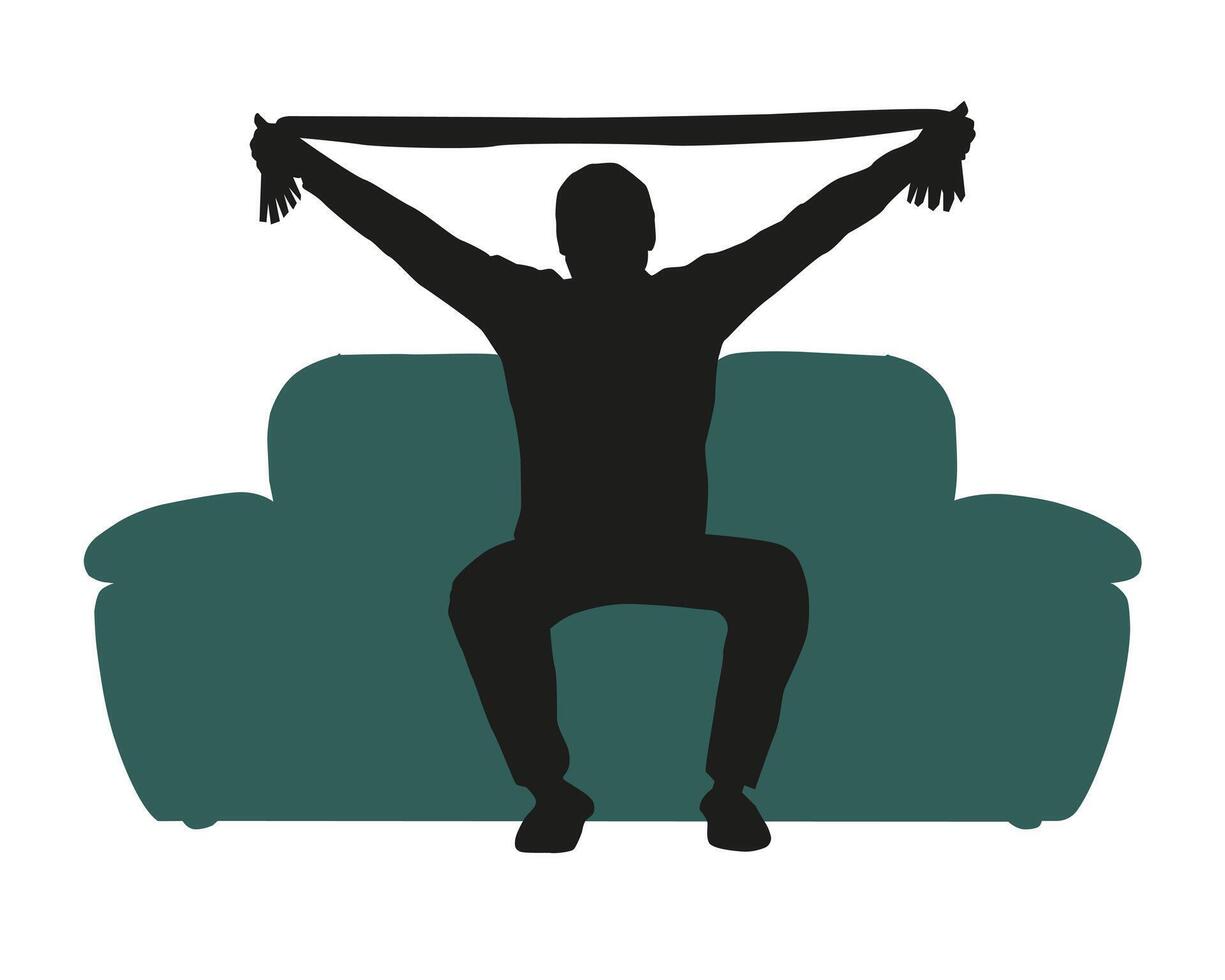 Silhouette of a sports fan with football paraphernalia who is a fan of the team in front of the TV on the couch. vector