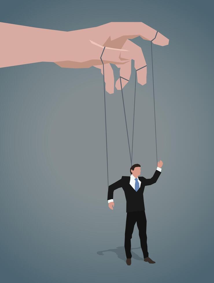 A man in a business suit hangs on the ropes like a puppet. vector