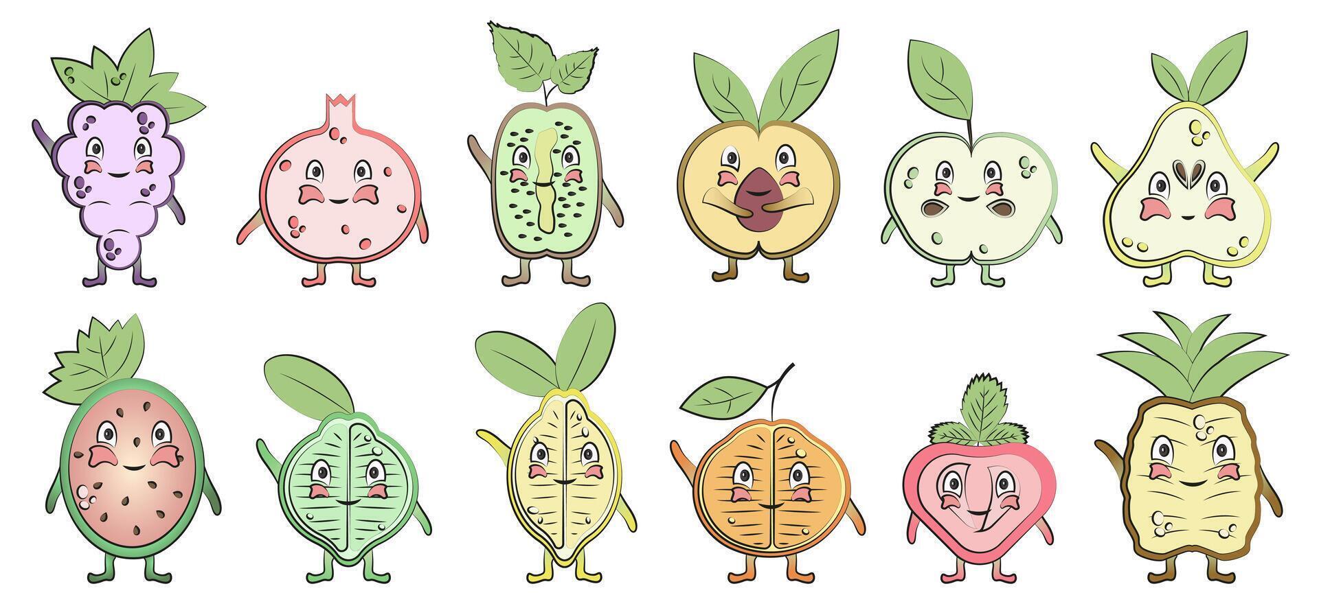 Color stroked smiley funny fruit vegetarian collection set. Fun fruits. Funny fruits. vector