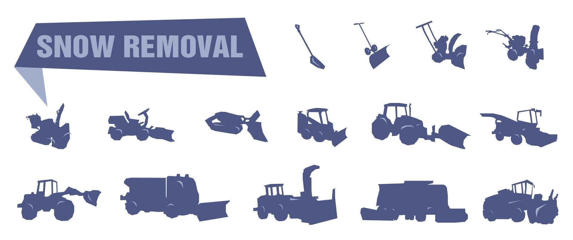 Snow removal flat line icons. Symbols of industrial cleaning. vector