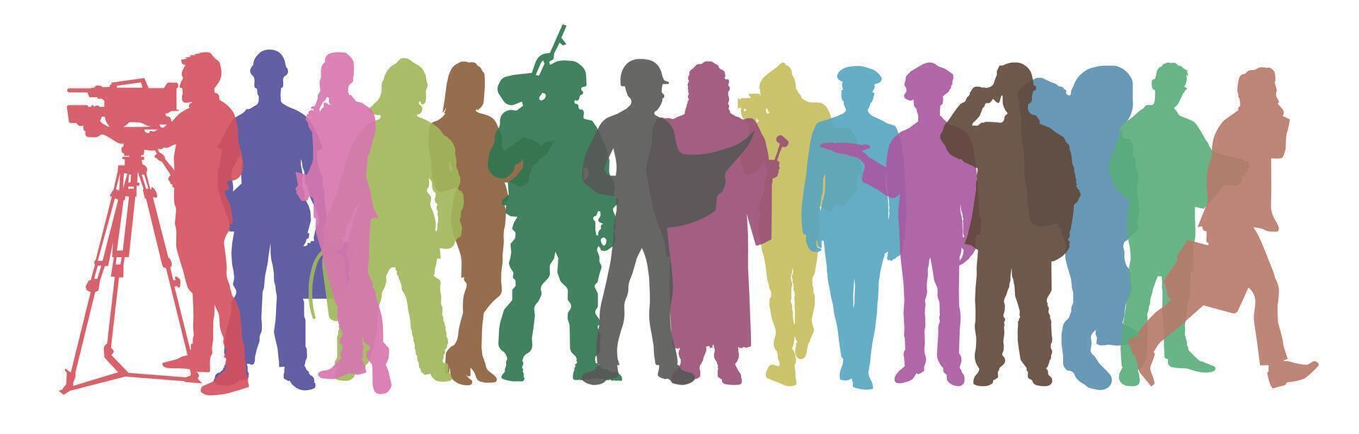 Silhouettes of people of different professions stand together as a labor market concept. vector