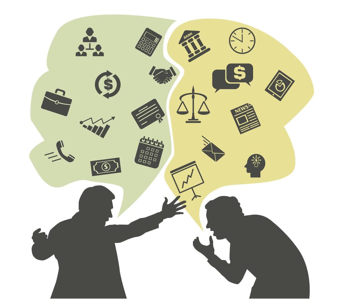 Quarrel between two businessmen. Finding the right strategy. Business icons. vector