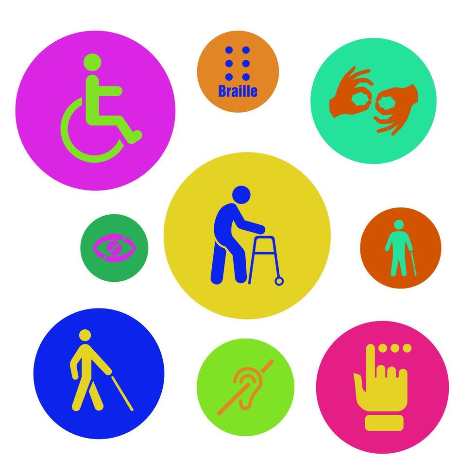 Icons of mental, physical, sensory, intellectual limitations. Set of disability icons. vector