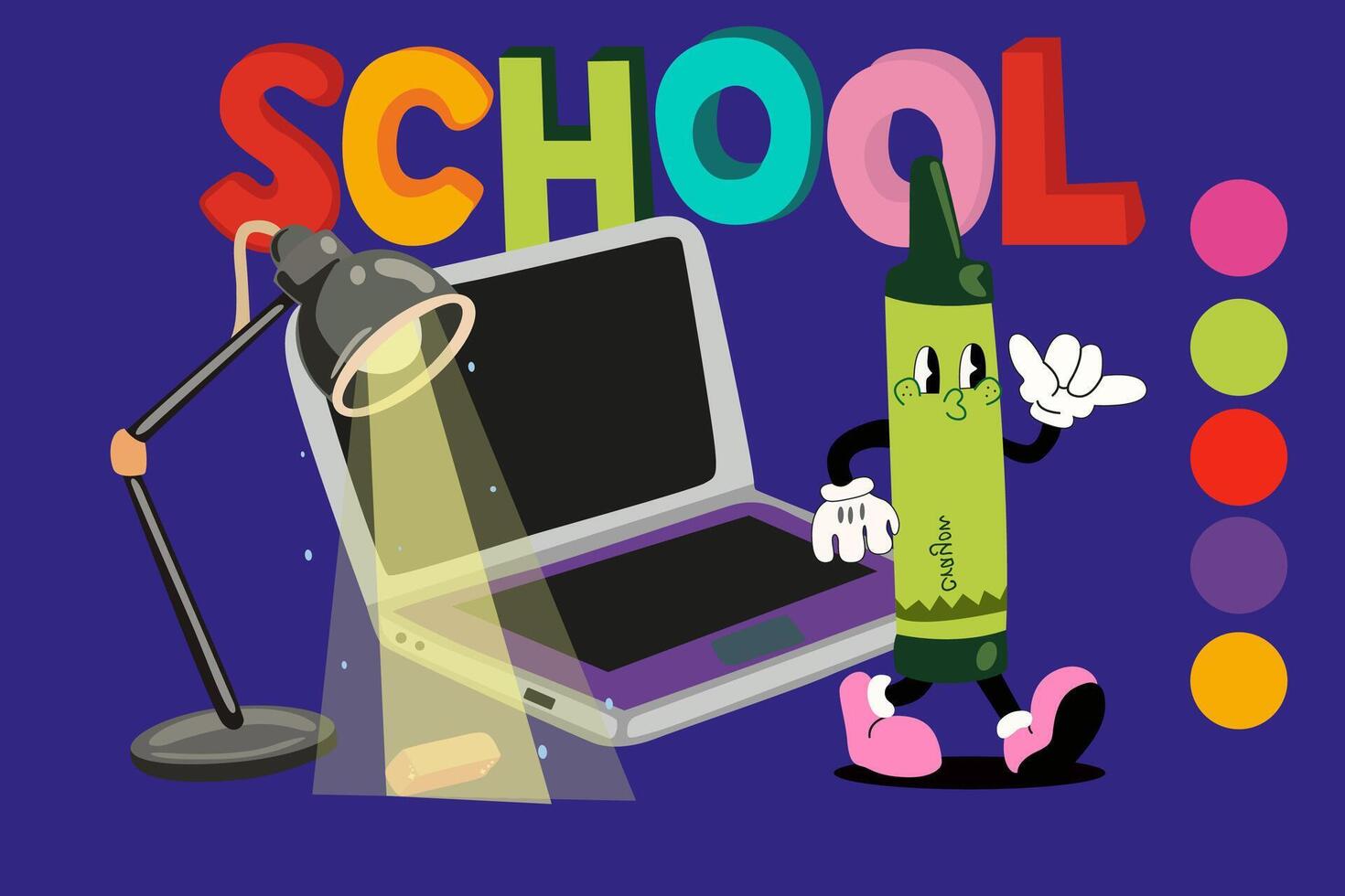 Back to school illustration in groovy style. Work environment with laptop and desk lamp and cute cartoon green Crayon. Flat retro classic cartoon style of 70s vector