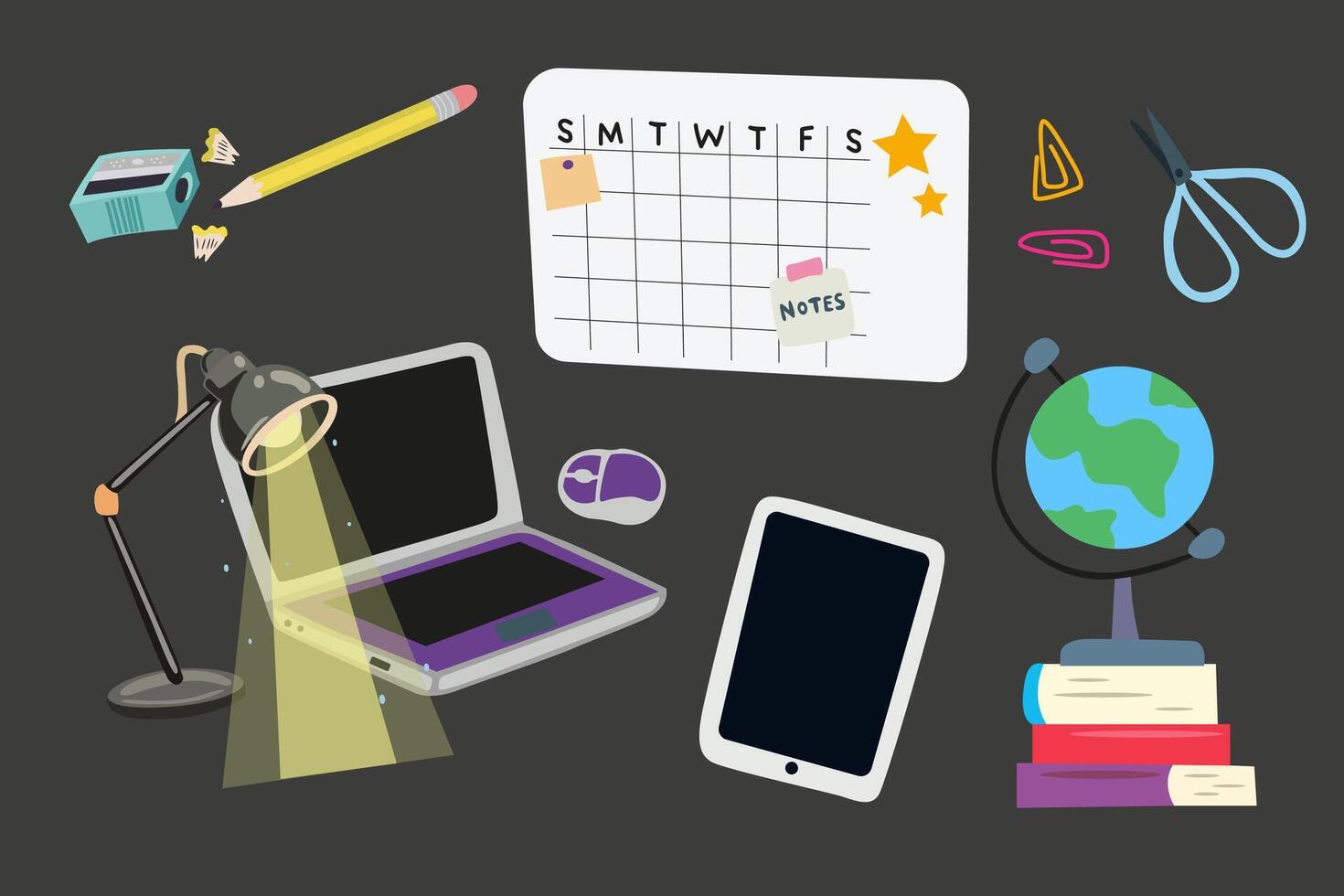 Back to school, education, study concept. Set of school supplies. Children's cute stationery subjects, pencil, books, laptop, tablet, lamp, scissors, glider. Flat illustration vector