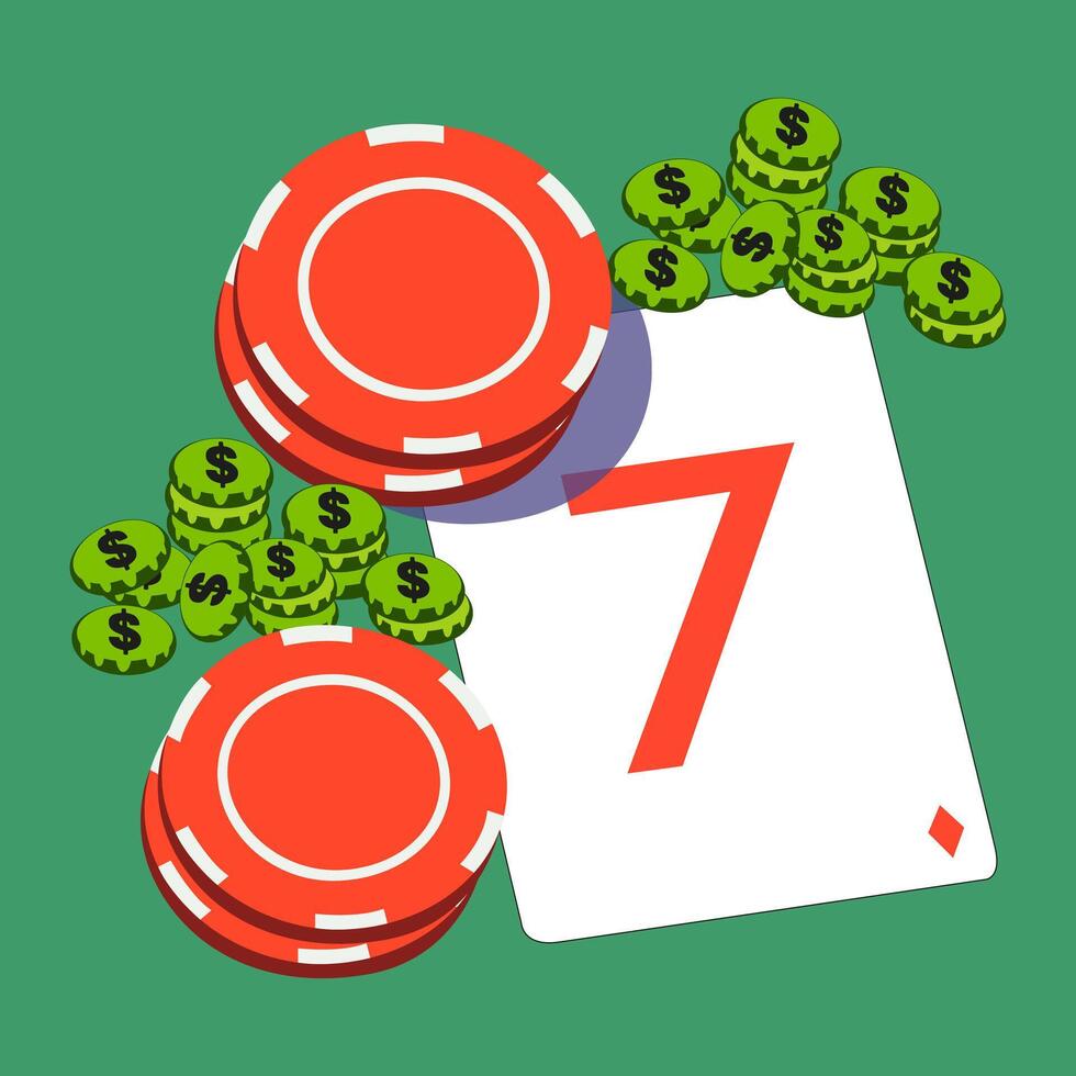 Casino background. Sports and recreation. Poker illustration with money, playing cards and red chips. Playing card with the number 7 vector