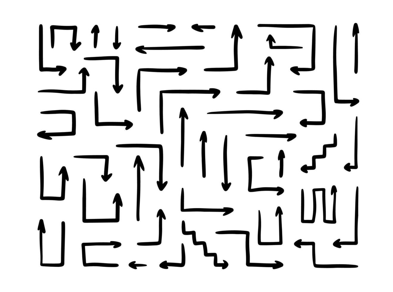 Hand drawn arrows set. Scribble lines, straight arrows. Doodle drawing. Direction pointers. vector