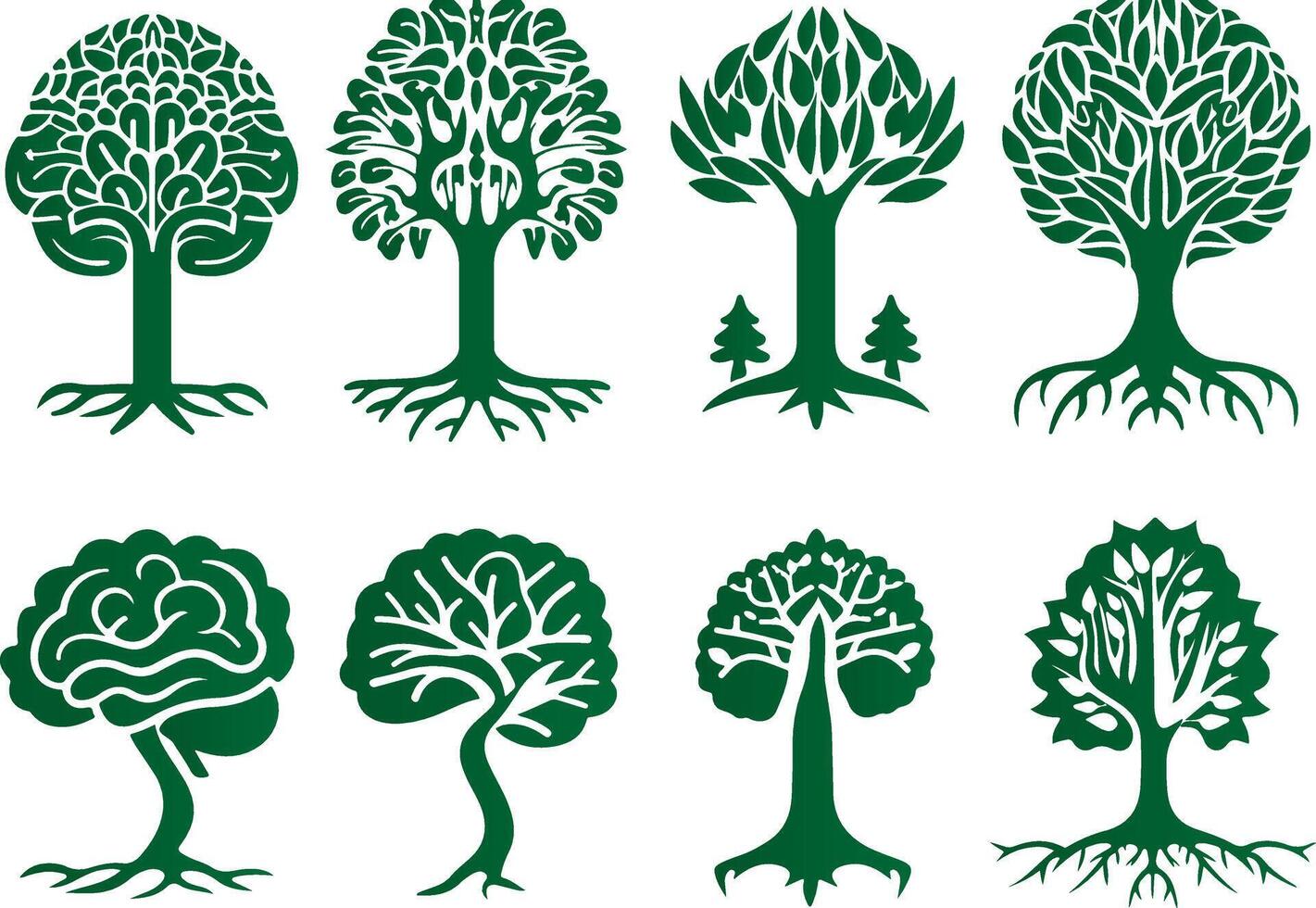 A set of green tree designs with roots forming the shape of a brain vector