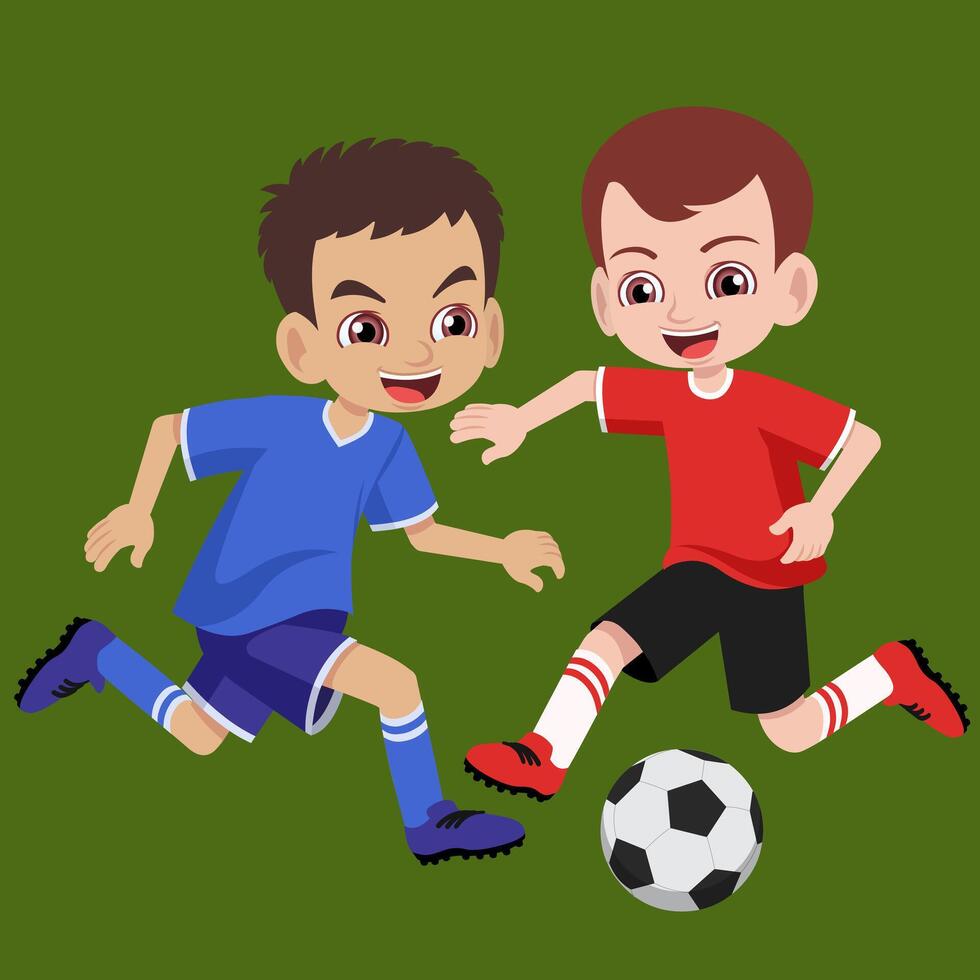 Two young kid junior football player teams are playing soccer ball in school tournament vector