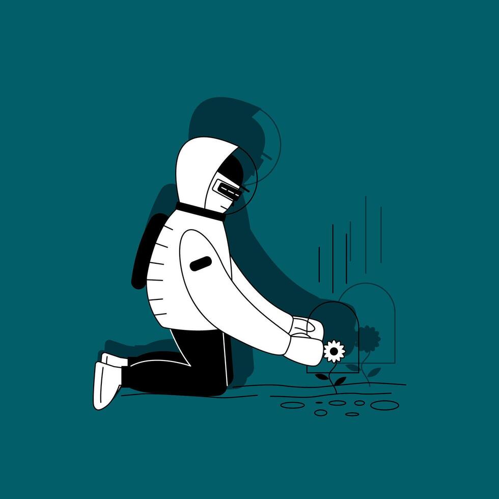 one isolated boy in Spacesuit Covering Flower with Glass Domeon the green background vector