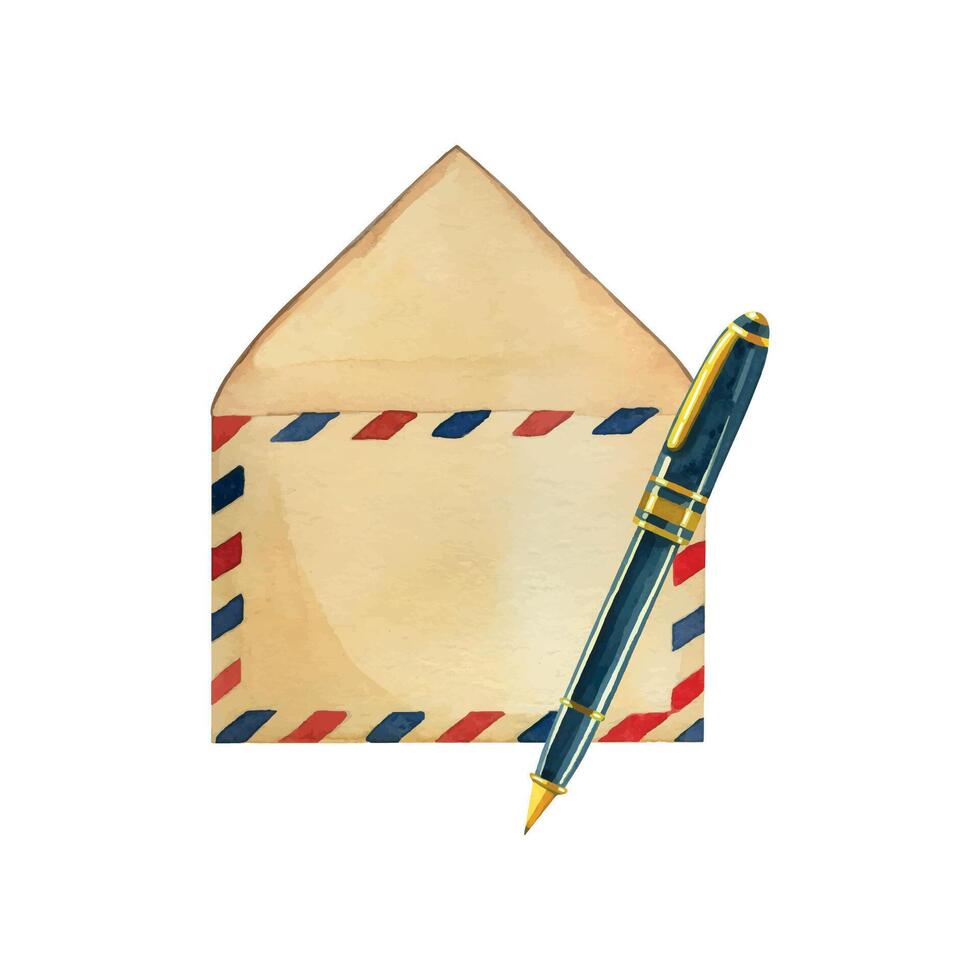 World Post Day. Airmail envelope and ballpoint pen with gold details, hand painted in watercolor. Suitable for printing on fabric, cards, design, scrapbooking. Watercolor illustration vector