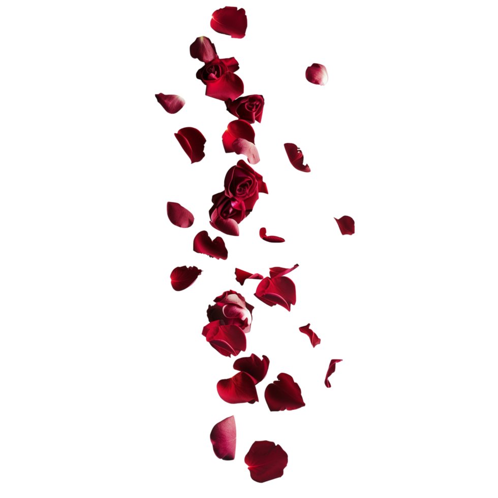 A minimalist composition featuring a scattering of velvety rose petals suspended in mid-air isolated on a transparent background png